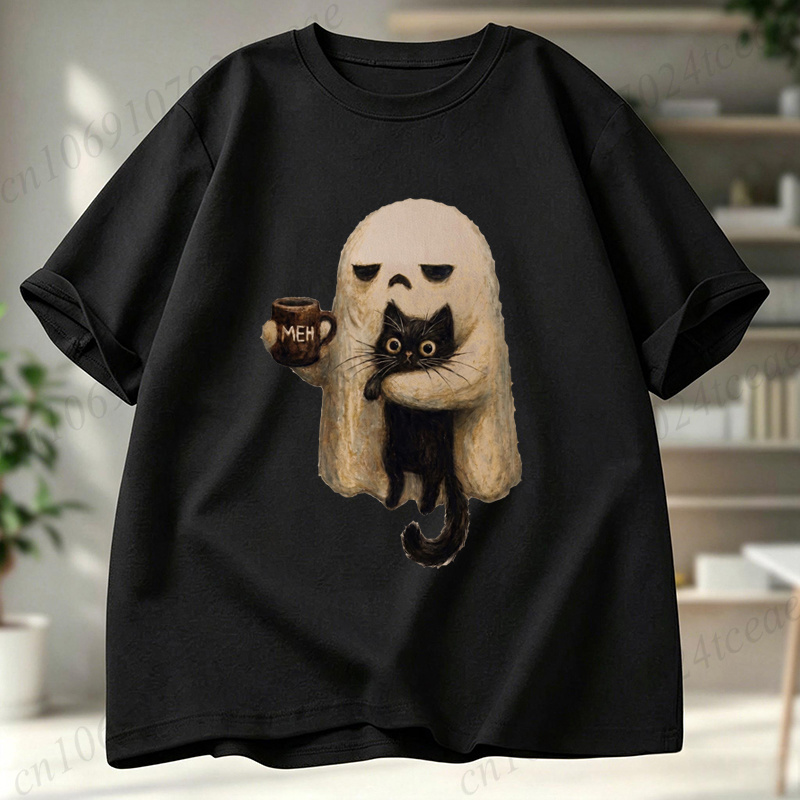 Men Accessories Aesthetic - Футболка Ghost-Cat с эстетичным принтом черной